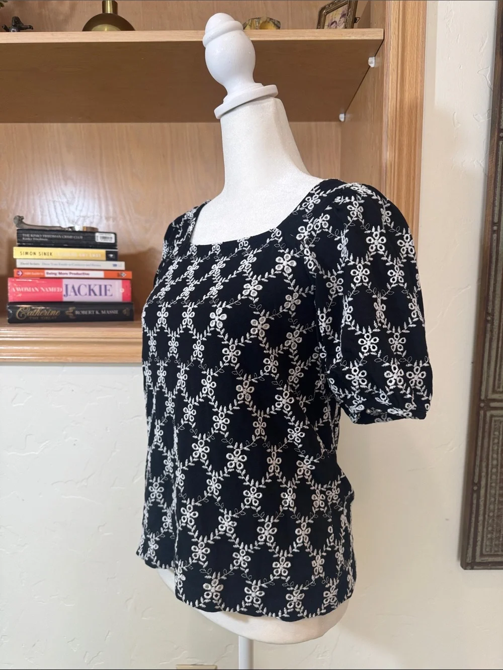 Lost Black and White Square Neck Blouse with Puff Sleeve Detail
